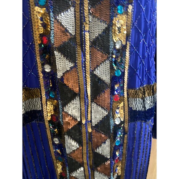 Vintage 1980s Sequin Beaded Duster Kimono Open Front Jacket Frank Usher Style - Picture 10 of 15